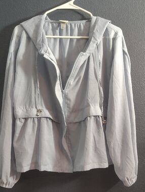 Shabby Chic Light Blue  Gray Hooded Drawstring Sheer Jacket